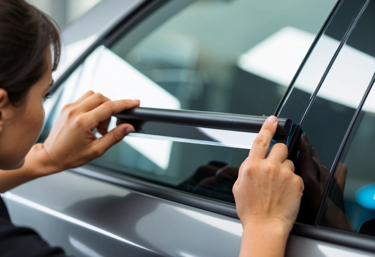 A hand applying window tint to a plastic surface, smoothing out any air bubbles with a squeegee