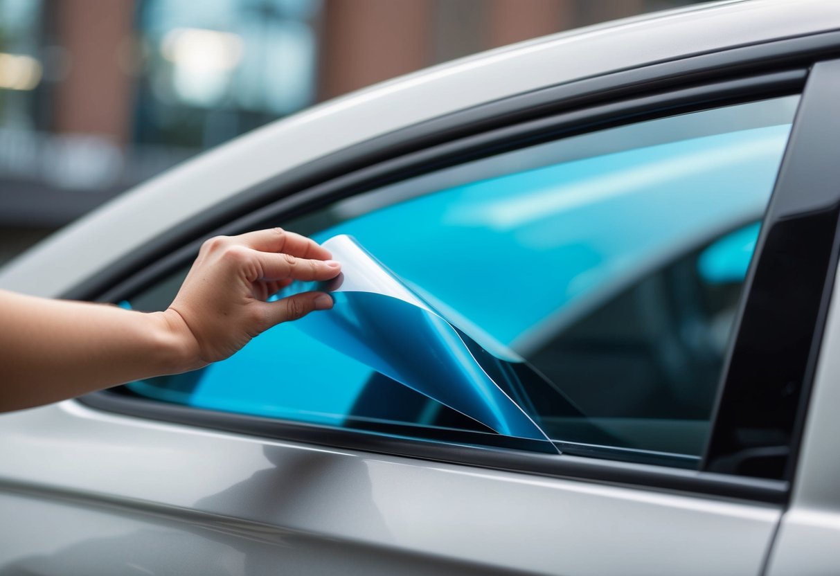 A hand applying window tint to a plastic surface with a smooth and clean aesthetic