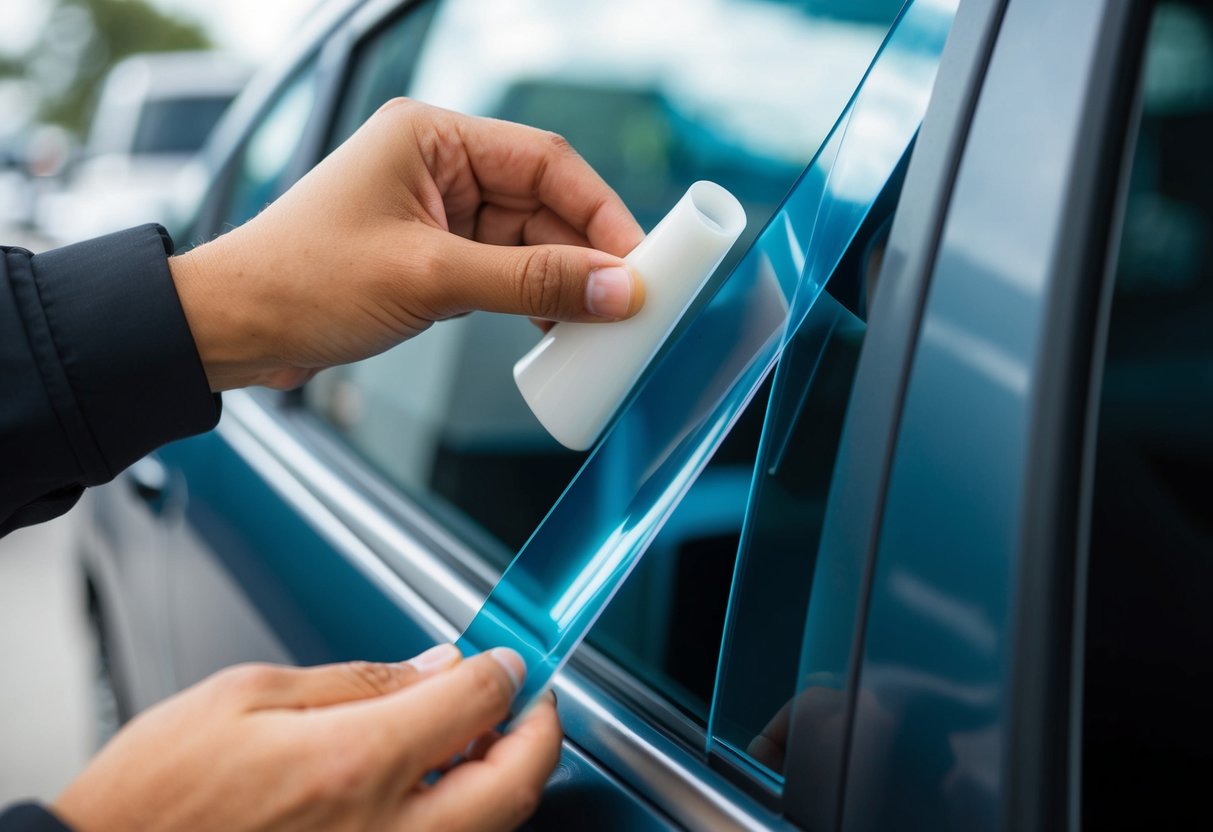 A hand applying window tint to a plastic surface, ensuring a smooth and secure adherence for long-lasting durability