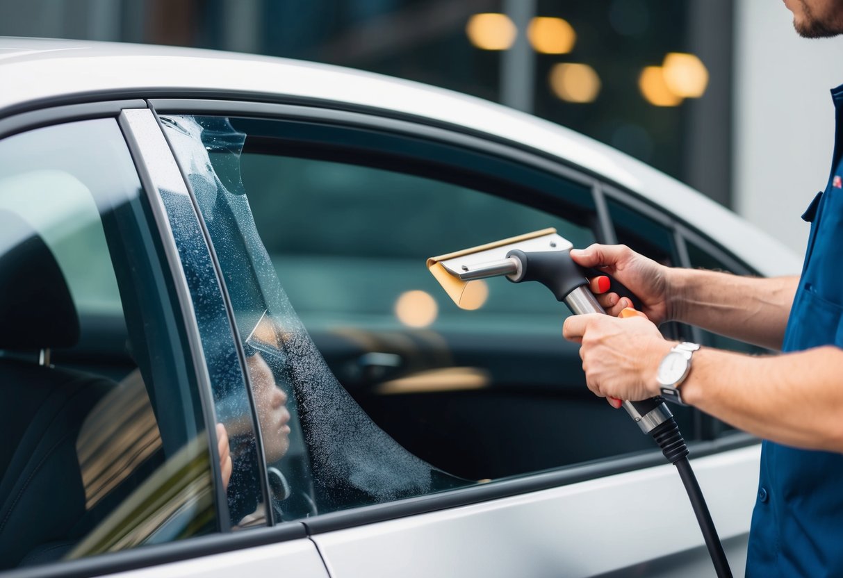 A technician using a heat gun and squeegee to repair a damaged section of window tint on a car window