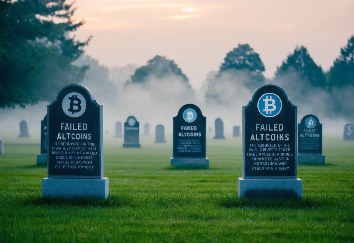 A graveyard with tombstones representing failed altcoins, surrounded by a murky mist, symbolizing the lessons learned from crypto history