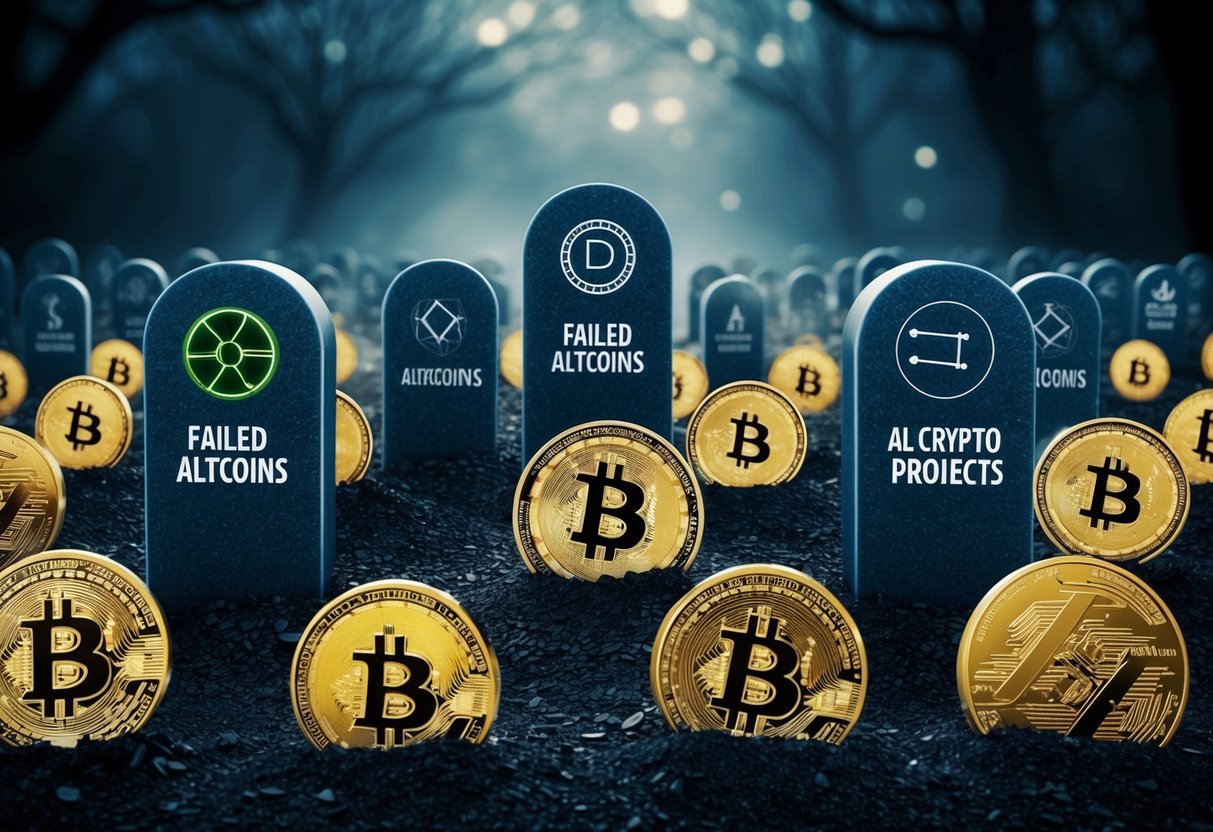 A graveyard of failed altcoins, with tombstones representing various crypto projects, surrounded by a dark and ominous atmosphere