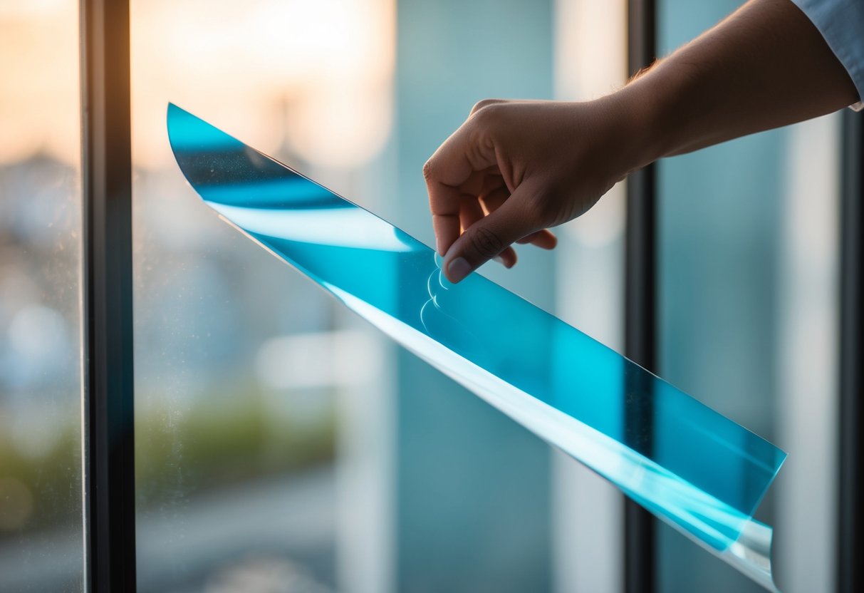 A hand applying tint film to a plexiglass window