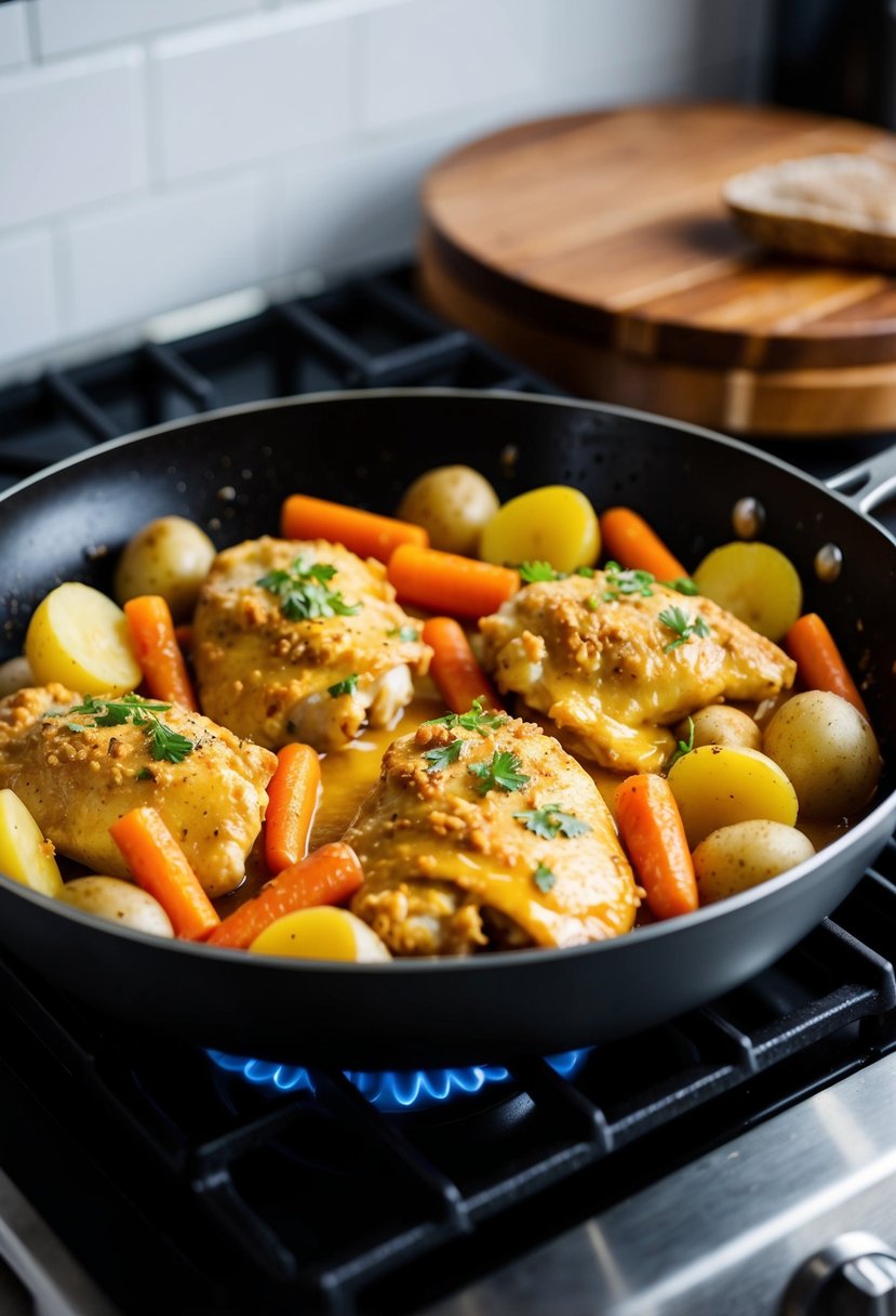 A sizzling skillet of honey mustard chicken, carrots, and potatoes cooking on a stovetop