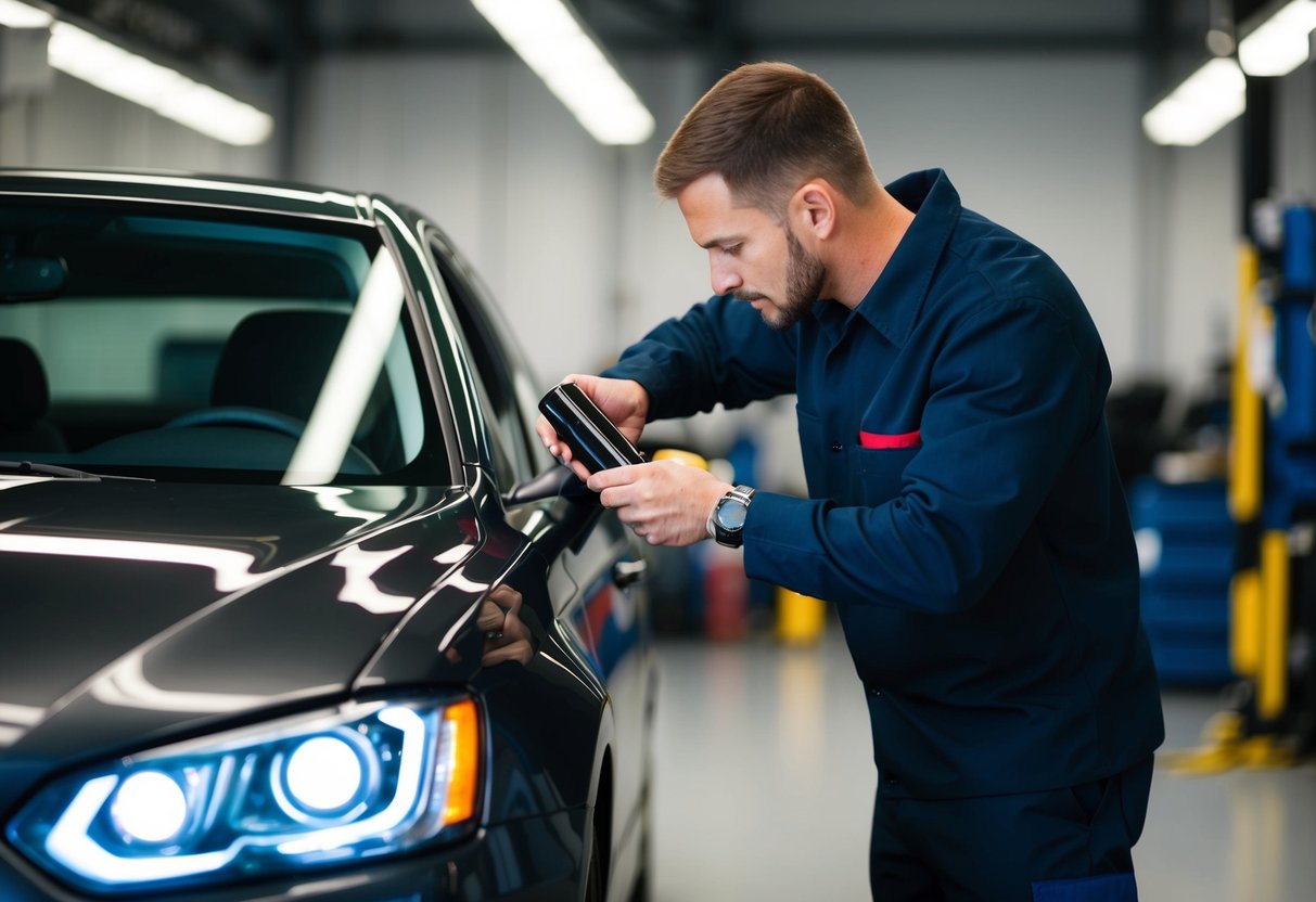 A mechanic applying window tint to a car's headlights