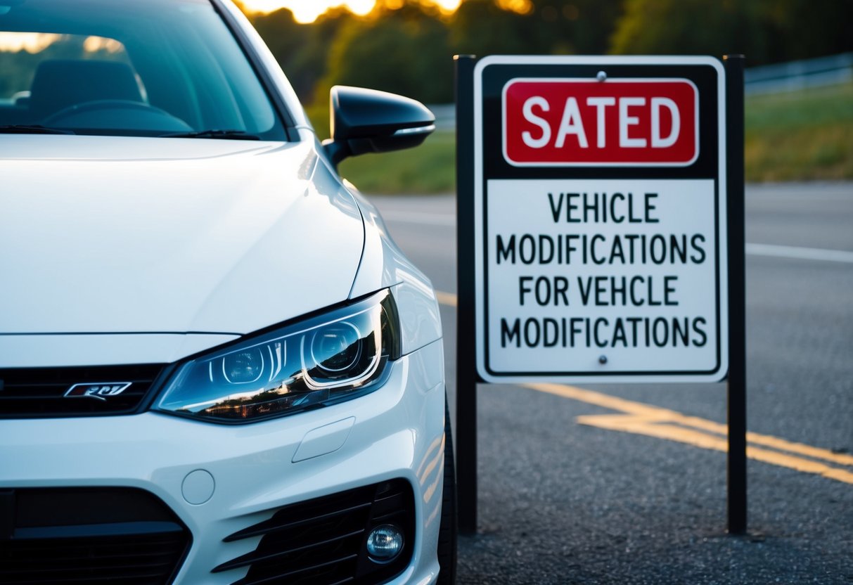 A car with tinted headlights parked next to a sign displaying the regulations for vehicle modifications