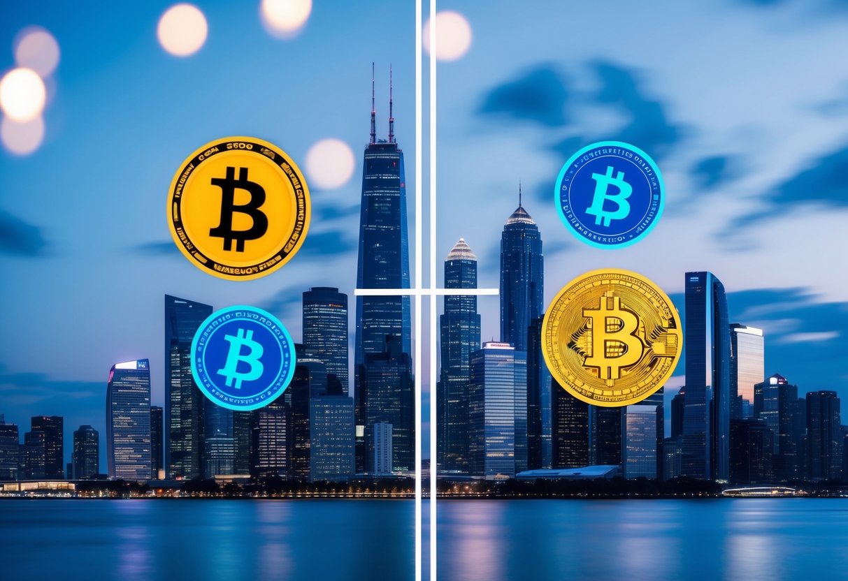 A futuristic city skyline with a split screen showing Bitcoin and various altcoins, symbolizing the choice between the two in the crypto market