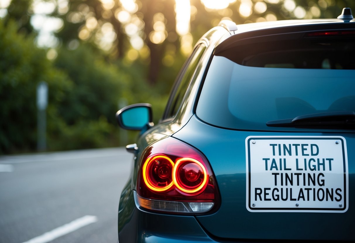 A car with tinted tail lights parked next to a sign detailing tail light tinting regulations