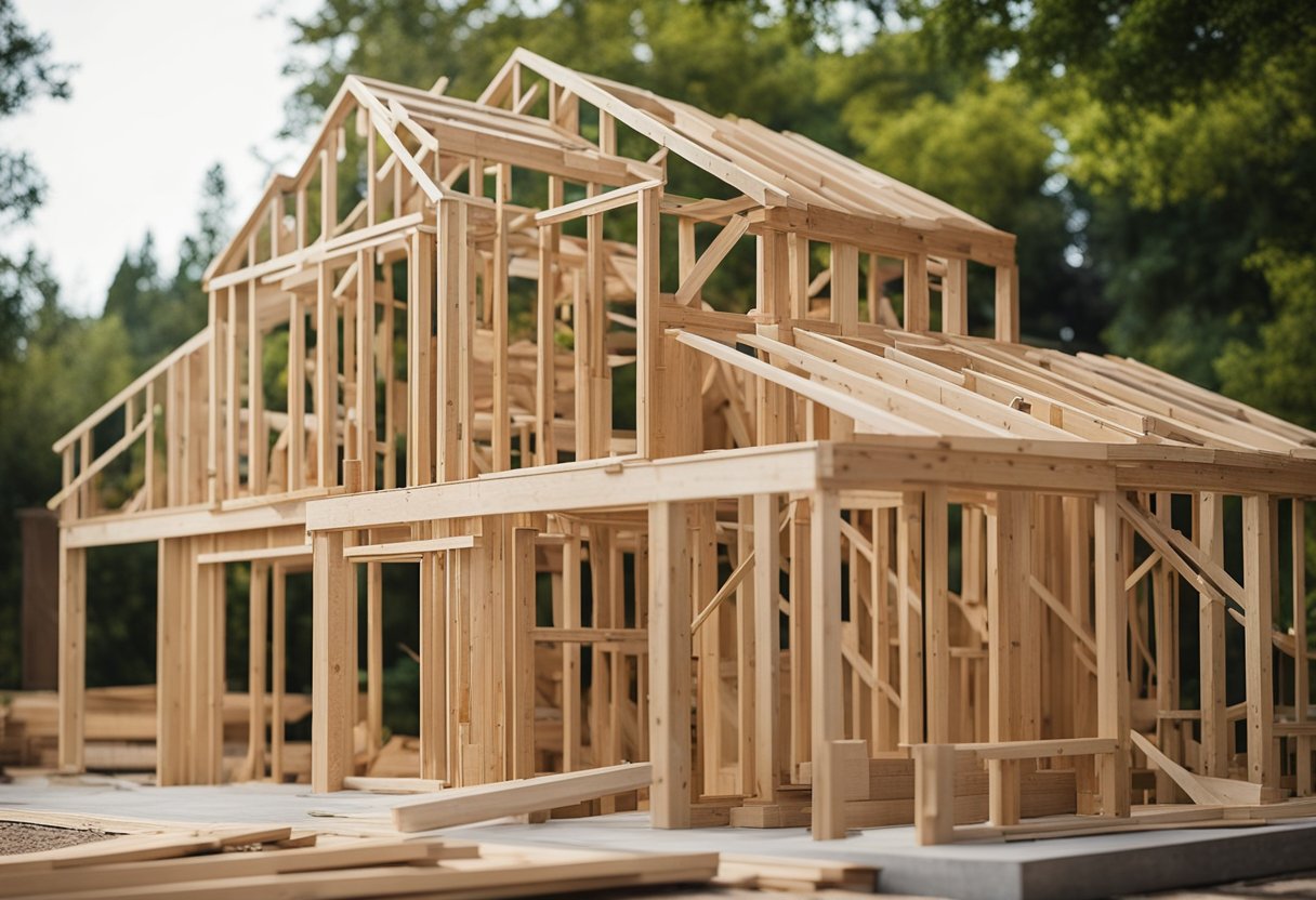 A house with an additional room being built onto the existing structure, showing the process of expansion with construction materials and tools present
