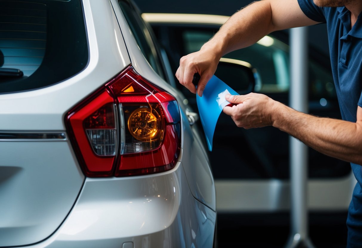 A person applying window tint film to a set of tail lights on a vehicle