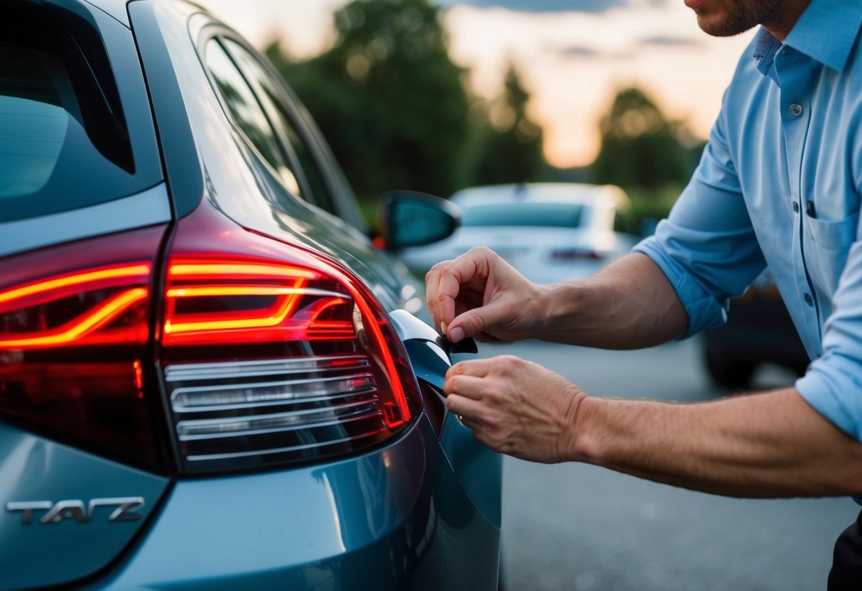 A person applying window tint to a car's tail lights