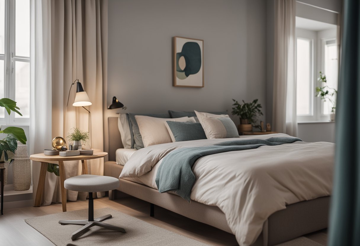 A cozy, well-lit bedroom with a comfortable bed, nightstand, and a small desk with a chair. The walls are painted in a calming color, and there are curtains on the window