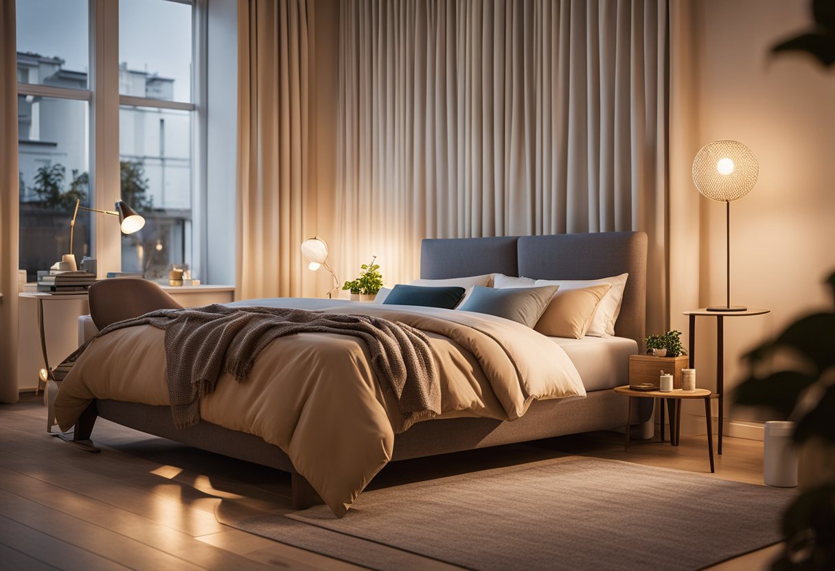 A cozy bedroom with a bed, nightstand, lamp, and curtains. A small desk with a chair and a bookshelf. Warm, inviting colors and soft lighting