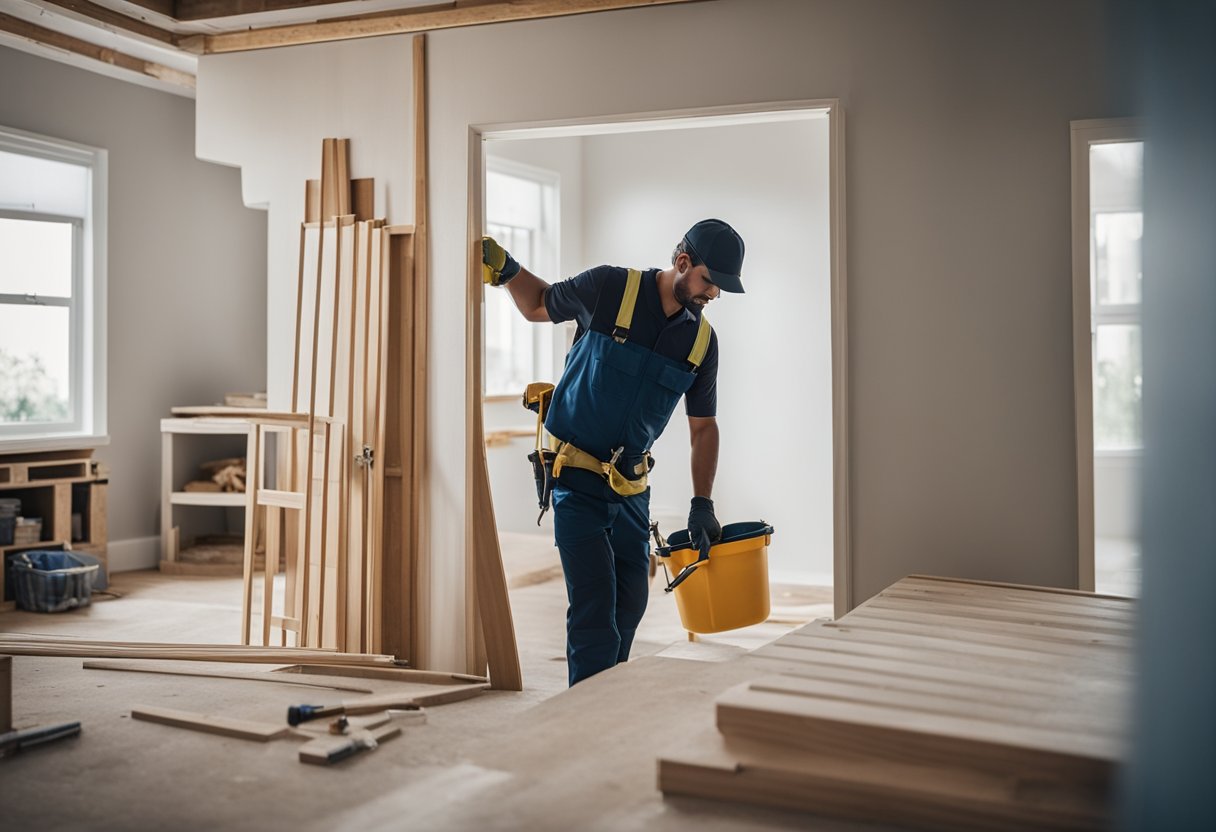 A construction worker adding a wall and door to a room, installing flooring, and painting walls to create an extra bedroom