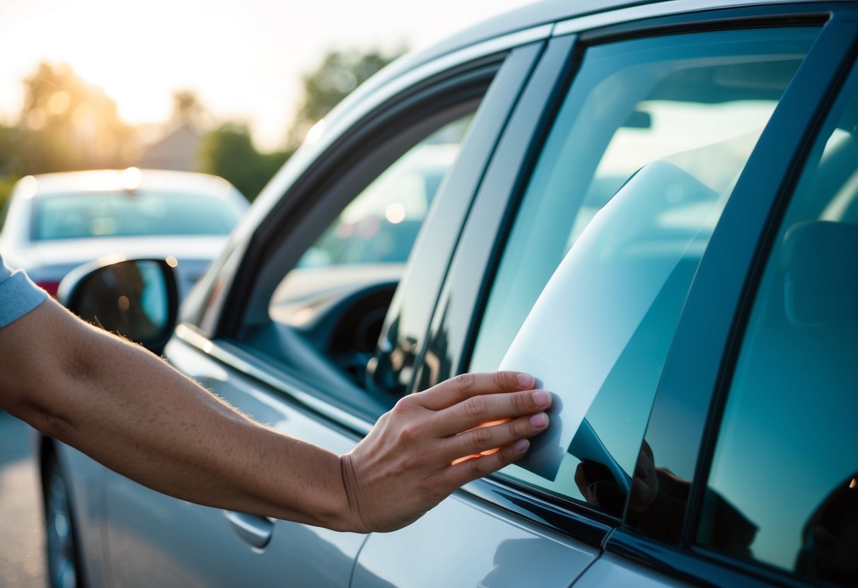 A hand reaches from outside to apply tint film to a car window