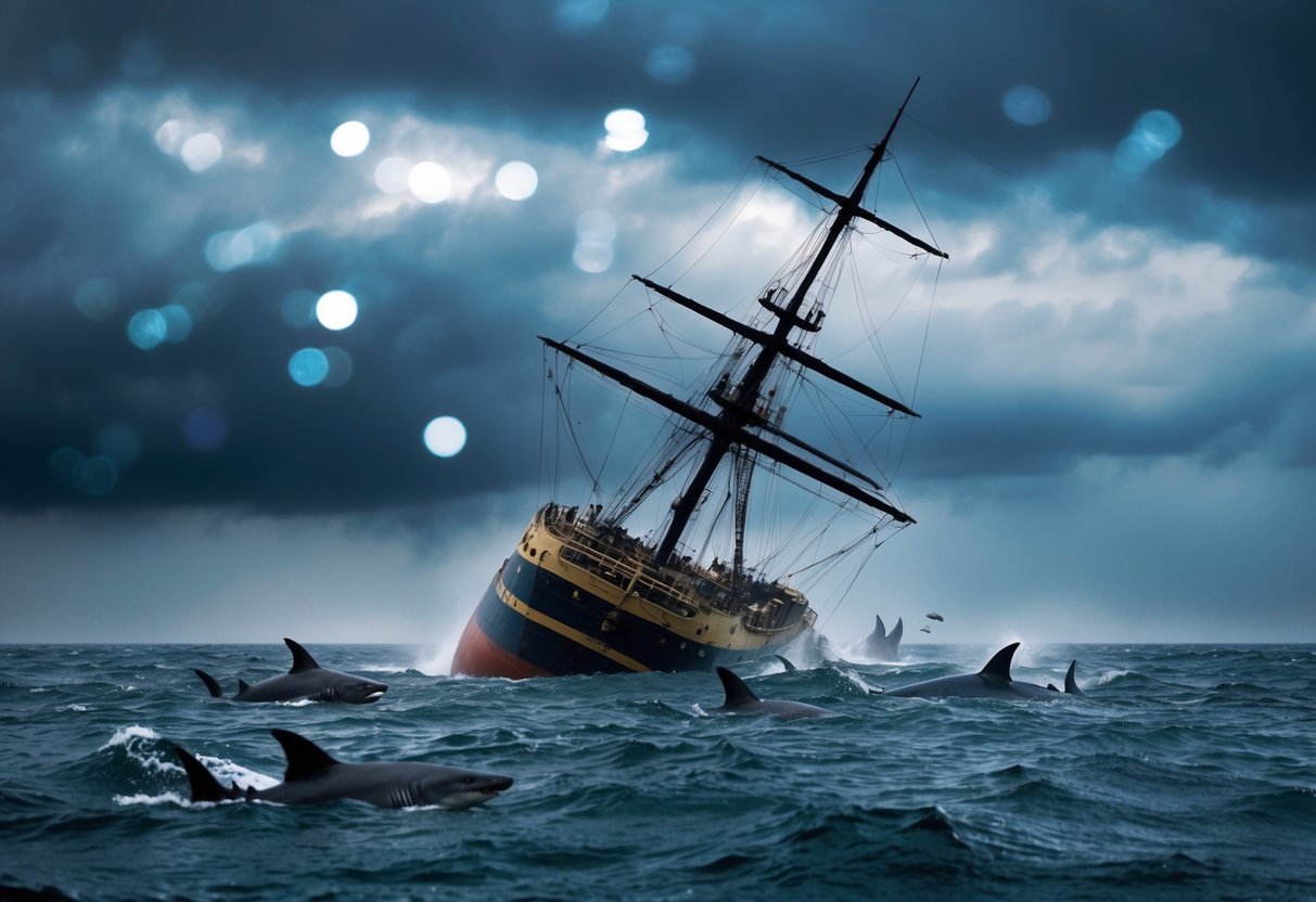 A stormy sea with a sinking ship surrounded by sharks