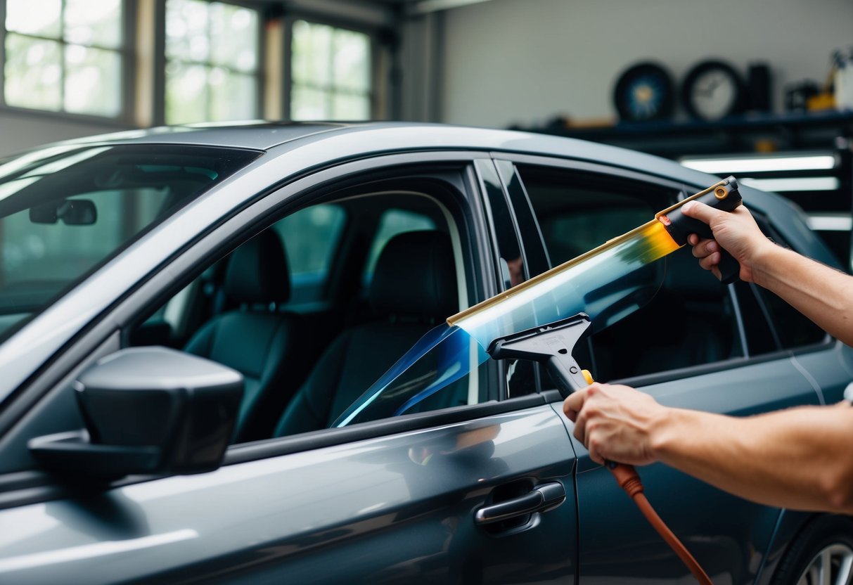 A car with tinted windows sits in a garage as a technician applies tint film to the windows using a squeegee and heat gun