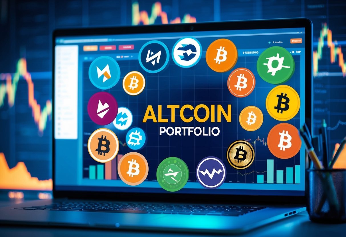 A diverse altcoin portfolio with various cryptocurrency logos displayed on a digital screen, surrounded by charts and graphs showing market trends and fluctuations