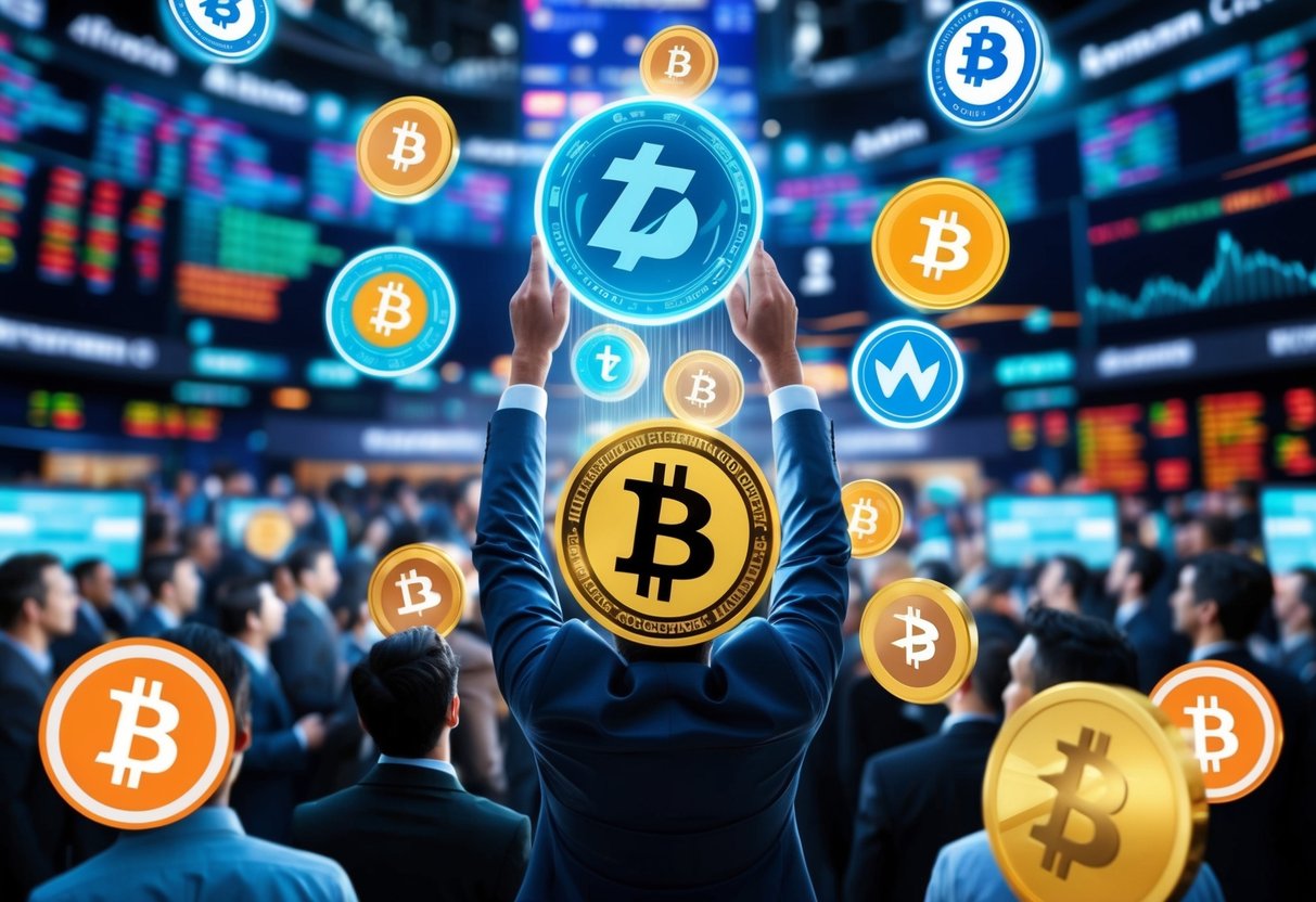 A crowded cryptocurrency market with various altcoin logos soaring upwards, surrounded by exhilarated traders and flashing price charts