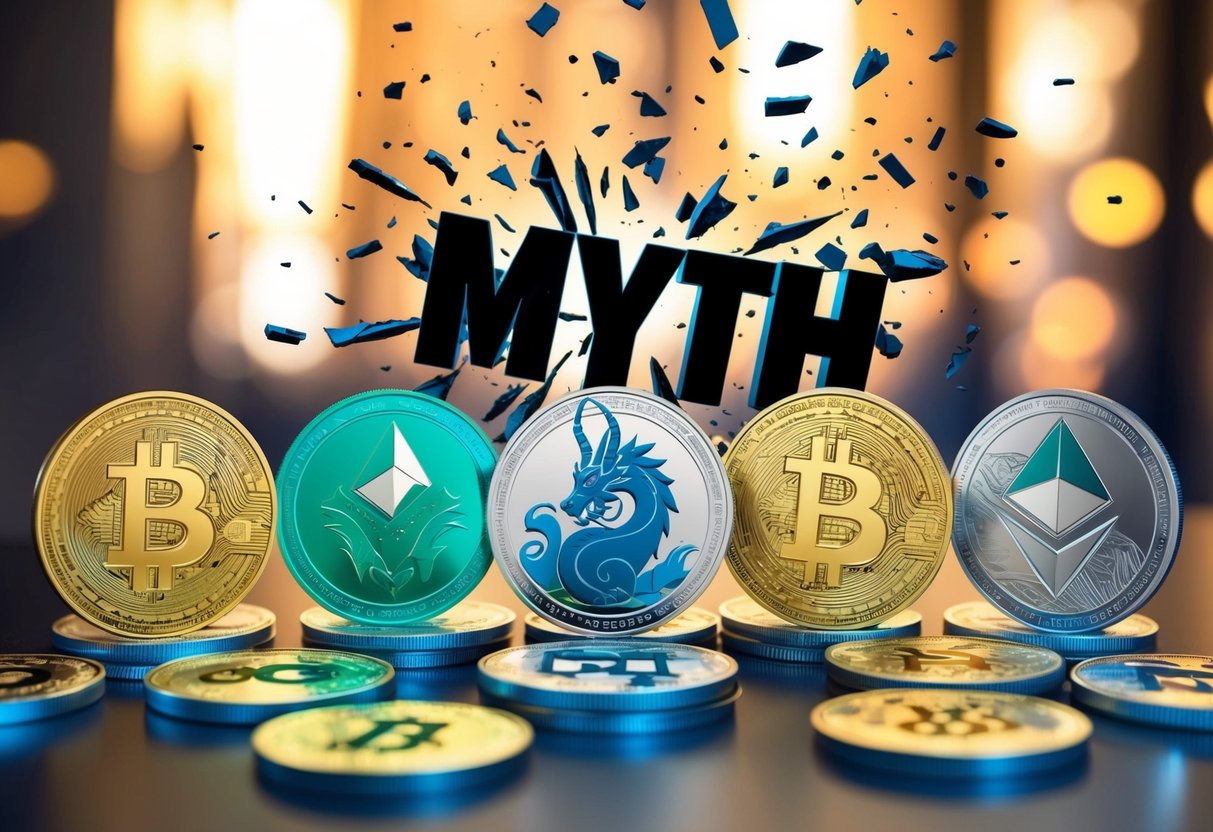 A group of altcoins depicted as various mythical creatures, with a large "myth" being shattered in the background