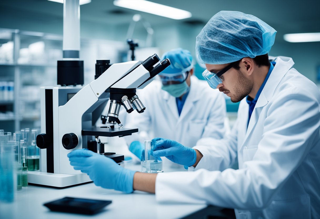 A laboratory setting with scientists culturing and studying stem cells under a microscope