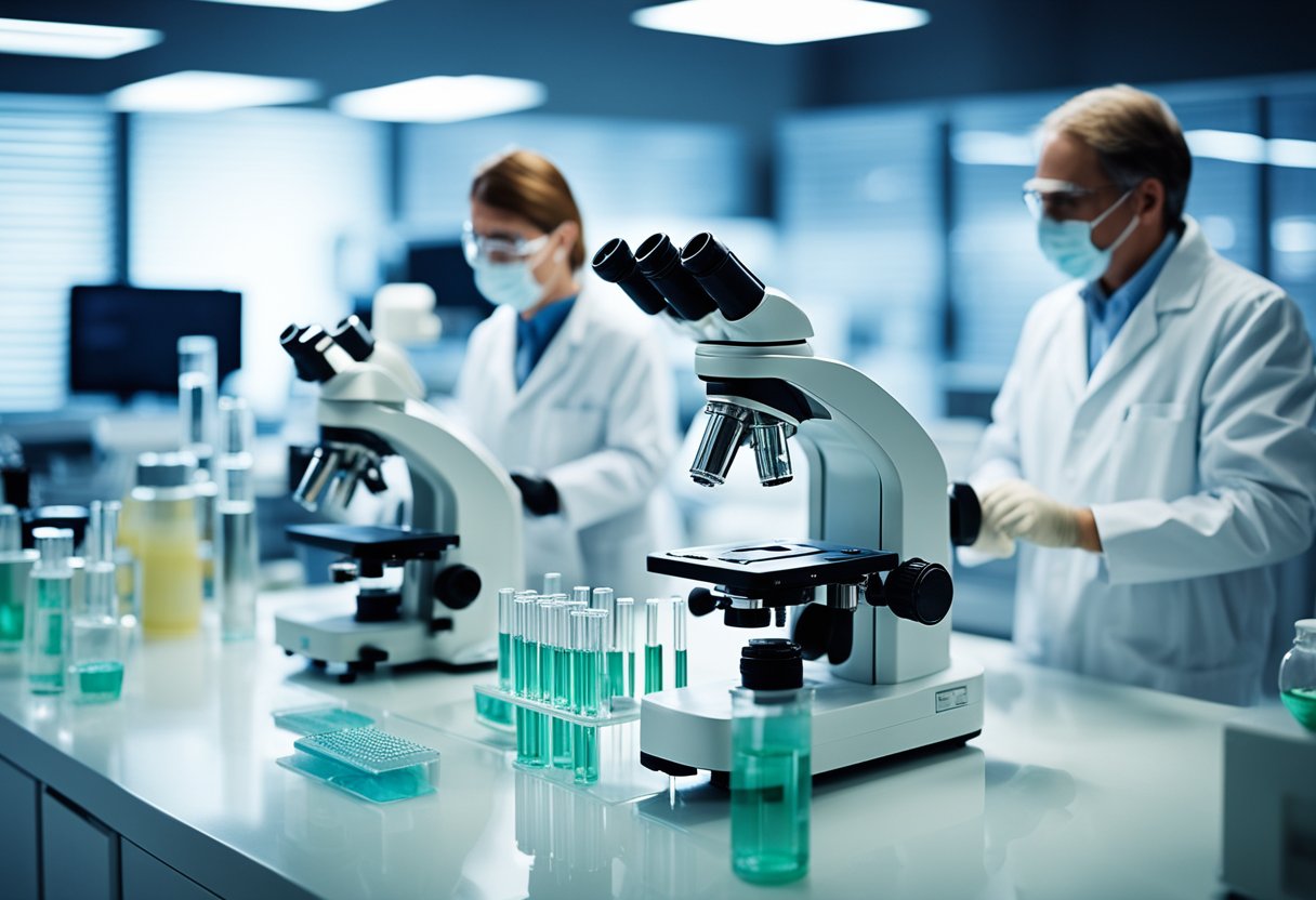 A laboratory setting with scientists working with test tubes and microscopes, surrounded by medical equipment and technology for stem cell treatment