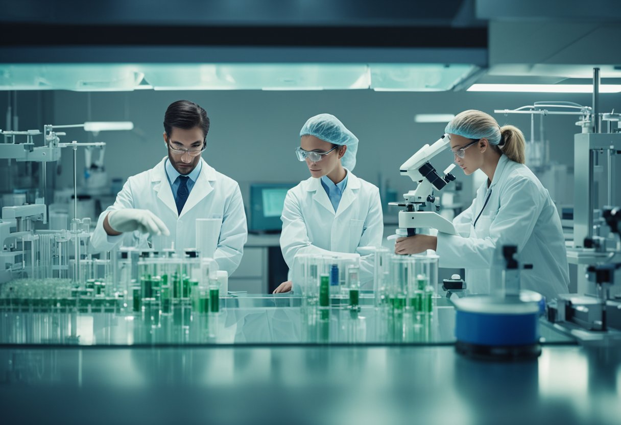 A laboratory setting with scientists examining petri dishes and microscopes, while stem cells are being cultured and analyzed for treatment efficacy