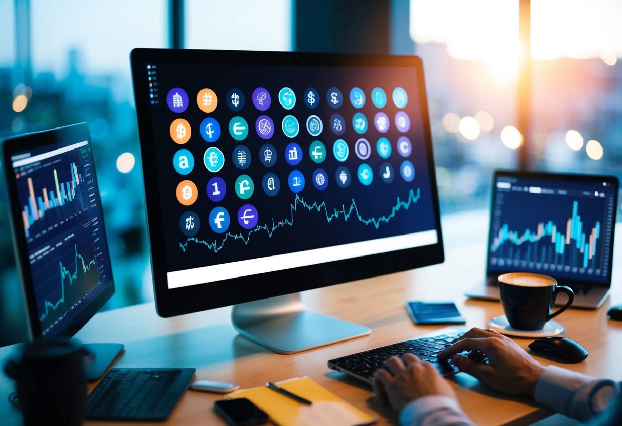 A computer screen displaying a variety of colorful and abstract altcoin symbols, surrounded by charts and graphs, with a cup of coffee nearby