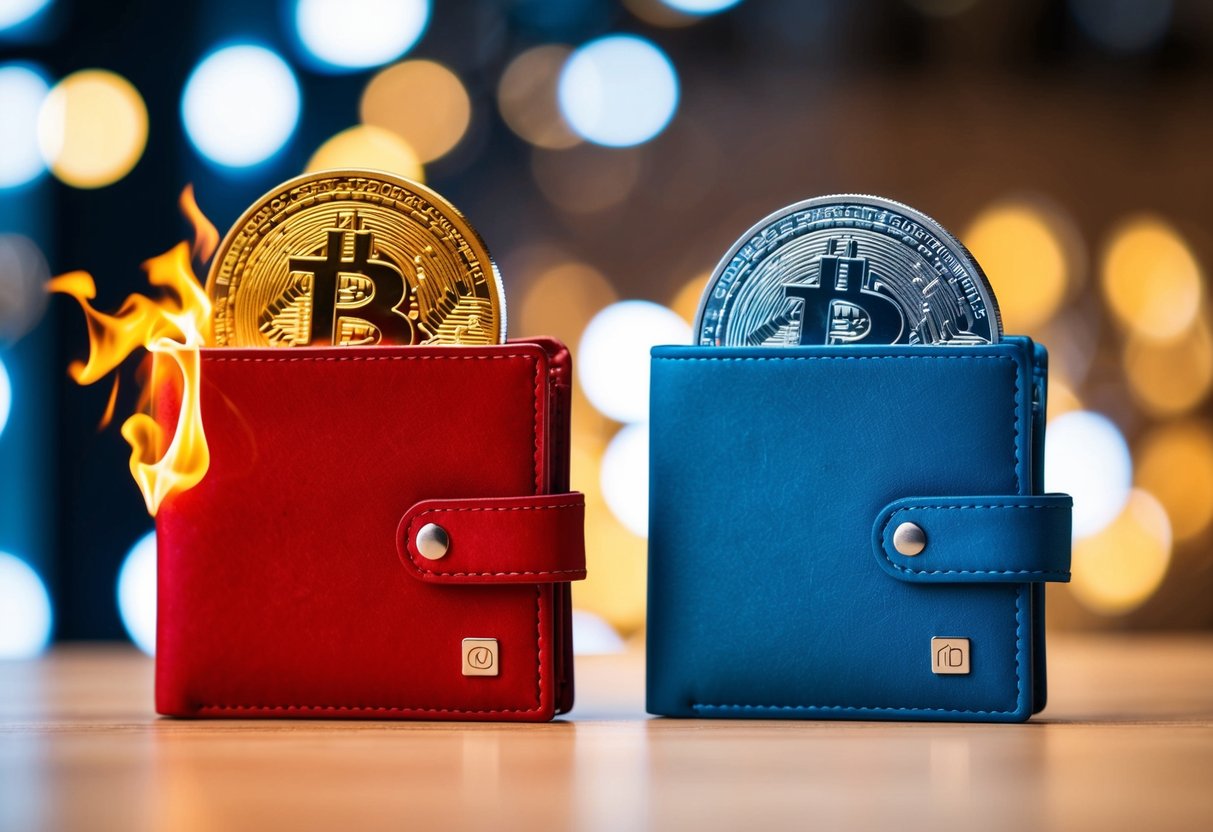 A fiery red wallet and a frosty blue wallet sit side by side, representing the choice between hot and cold storage for cryptocurrency