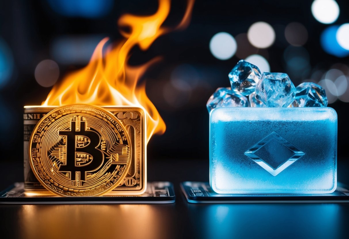 A glowing, fiery hot wallet stands in contrast to a frosty, icy cold wallet, symbolizing the contrast between the two types of cryptocurrency storage