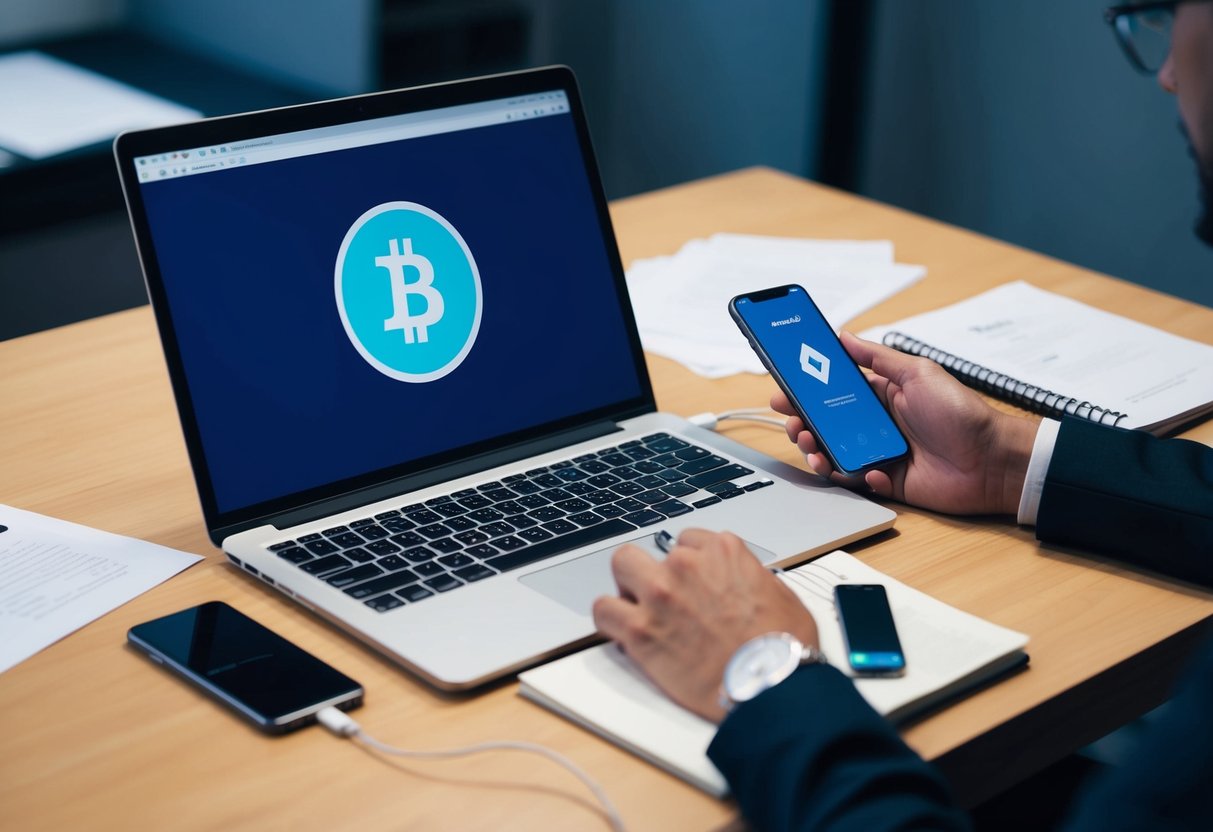 A person sitting at a desk, laptop open, surrounded by papers and a notebook. A smartphone and a USB drive are plugged into the laptop, with a crypto wallet app open on the screen