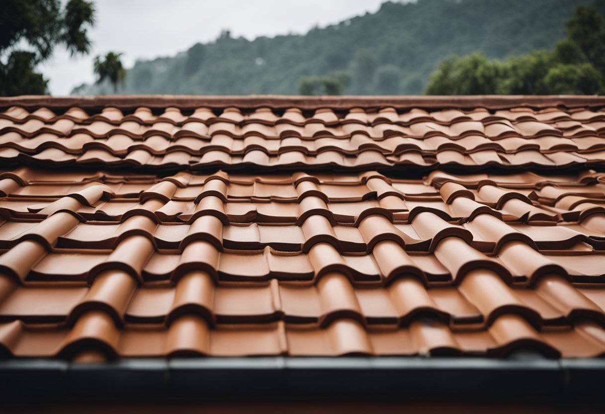 A house with a sloped roof covered in terracotta tiles, showing rainwater running off the edges