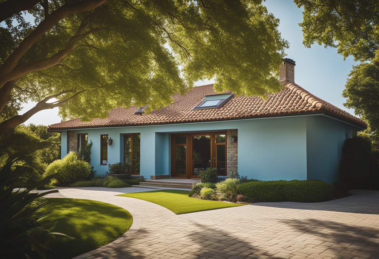 A house with tile roofing under a clear blue sky, surrounded by trees and a neatly landscaped yard