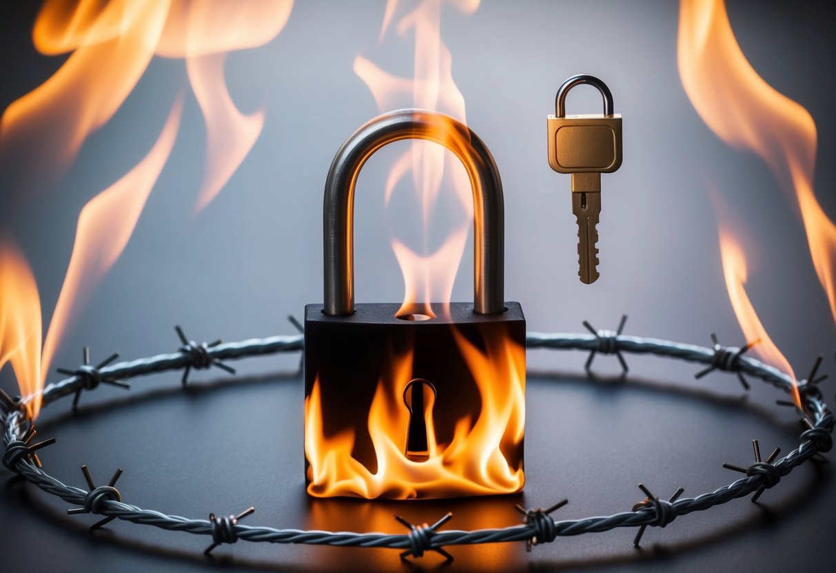 A padlock engulfed in flames, surrounded by a ring of barbed wire, with a digital lock and key hovering above it