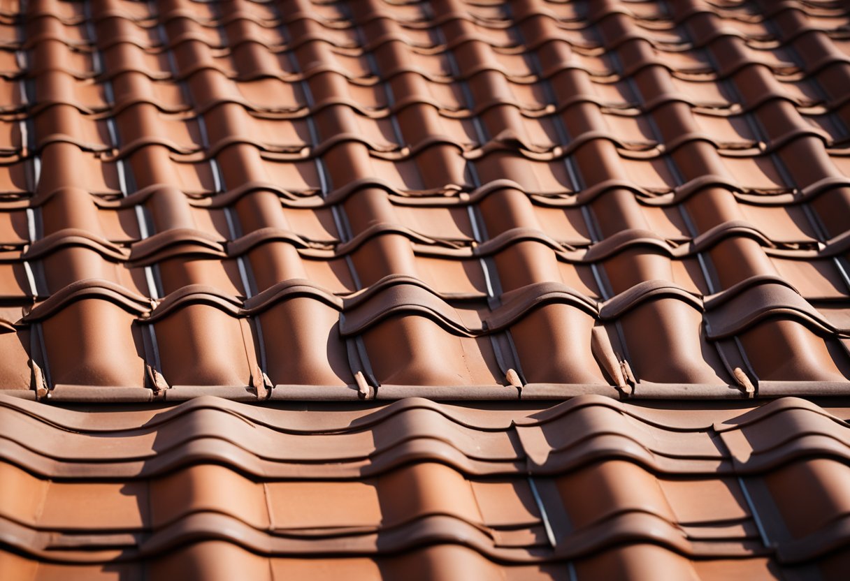 A sloped roof with overlapping clay tiles, showing the layers and composition of the roofing system