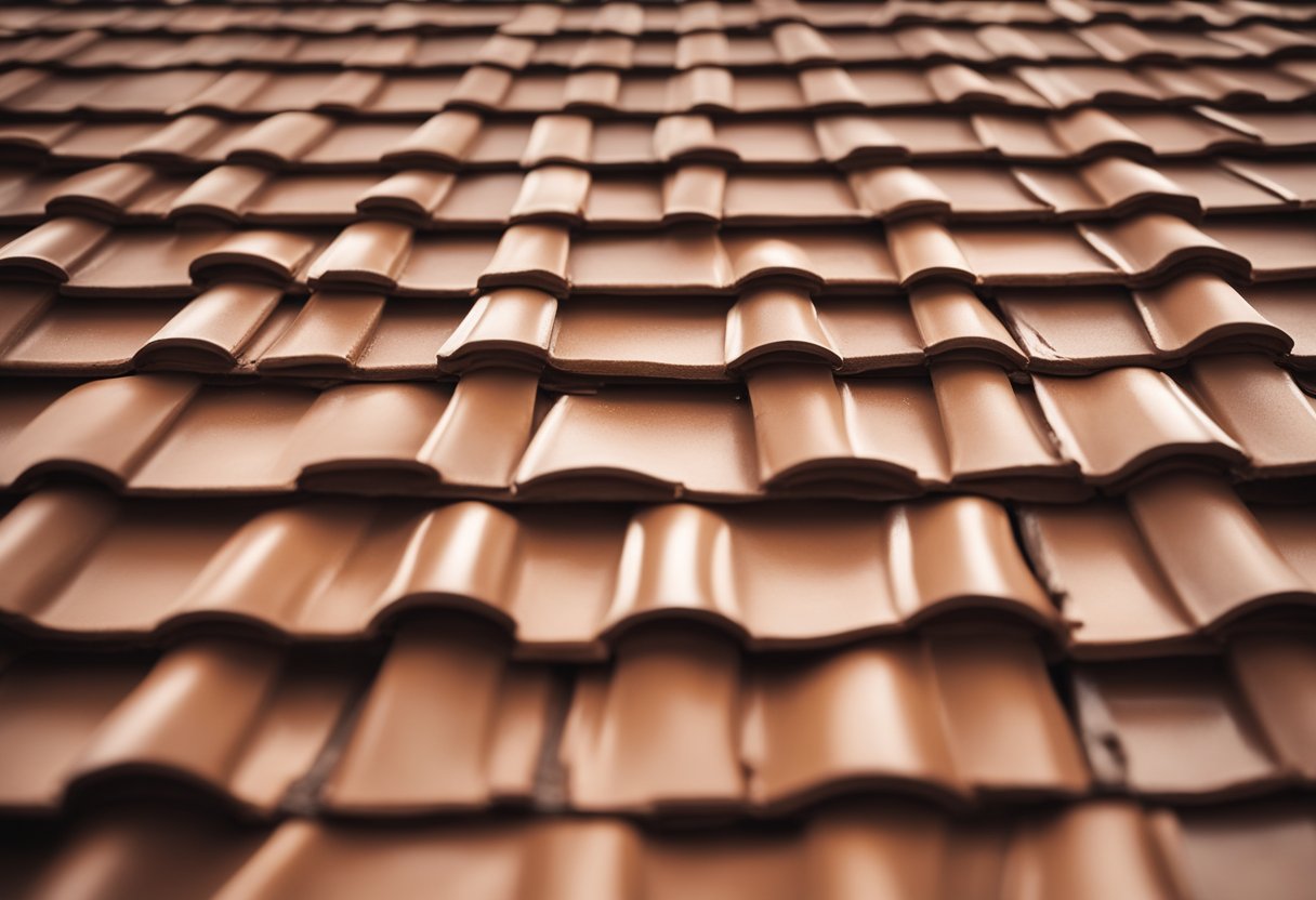 A tile roof sits atop a house, with overlapping clay or concrete tiles creating a durable and weather-resistant barrier. Sunshine glints off the smooth, earth-toned surface