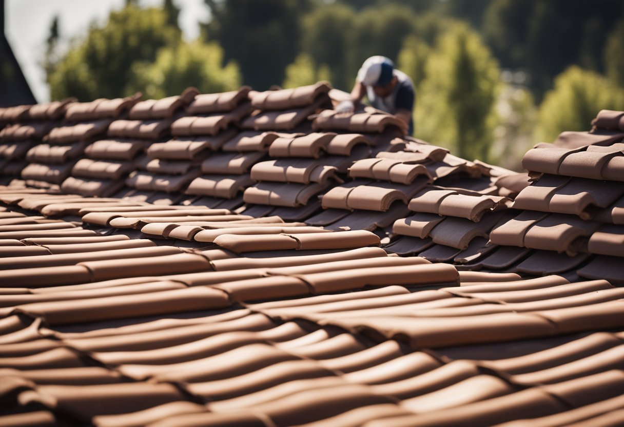 A tile roof being installed by workers, with overlapping clay tiles being laid over a wooden structure