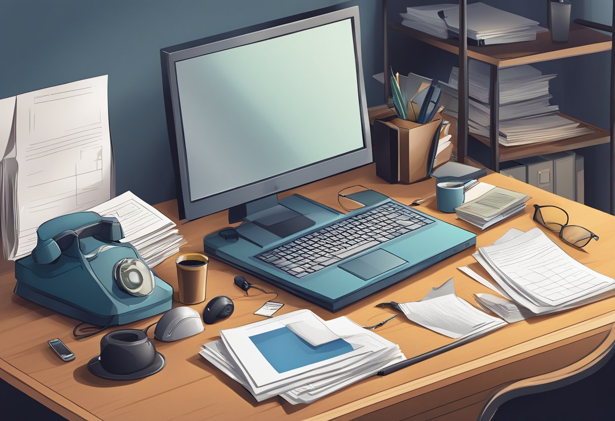 A detective's desk with a computer, phone, and scattered papers