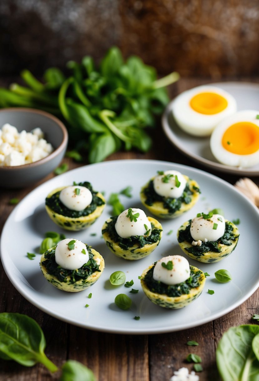 A plate of spinach and feta egg bites surrounded by fresh ingredients and a rustic kitchen backdrop