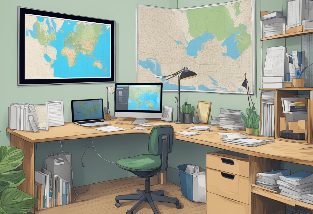 A skip tracer's desk with a computer, phone, and files. A map of the city hangs on the wall, marked with pins and strings