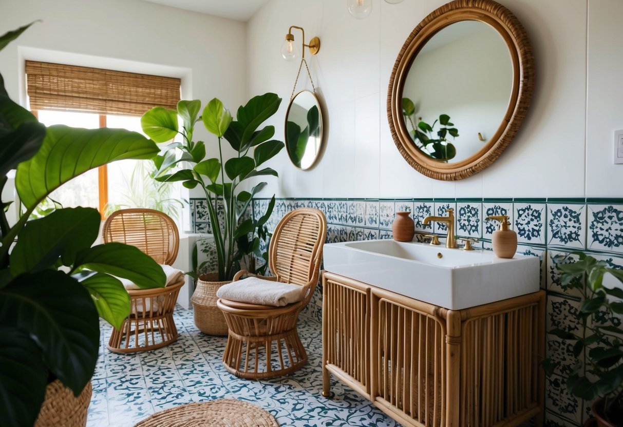 A boho bathroom with plants, rattan furniture, patterned tiles, and a vintage mirror