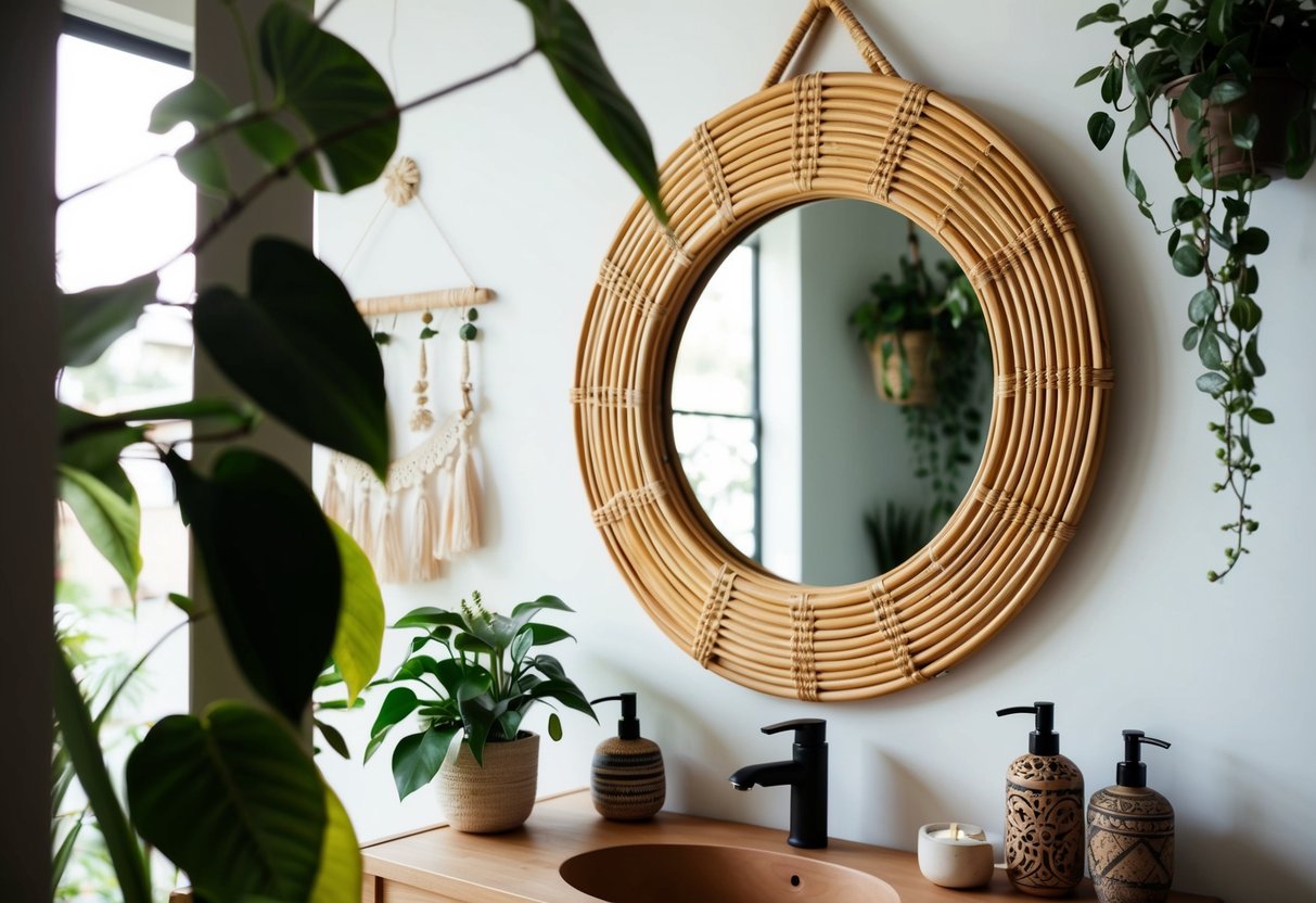 A rattan mirror hangs on a bohemian bathroom wall, surrounded by plants and eclectic decor