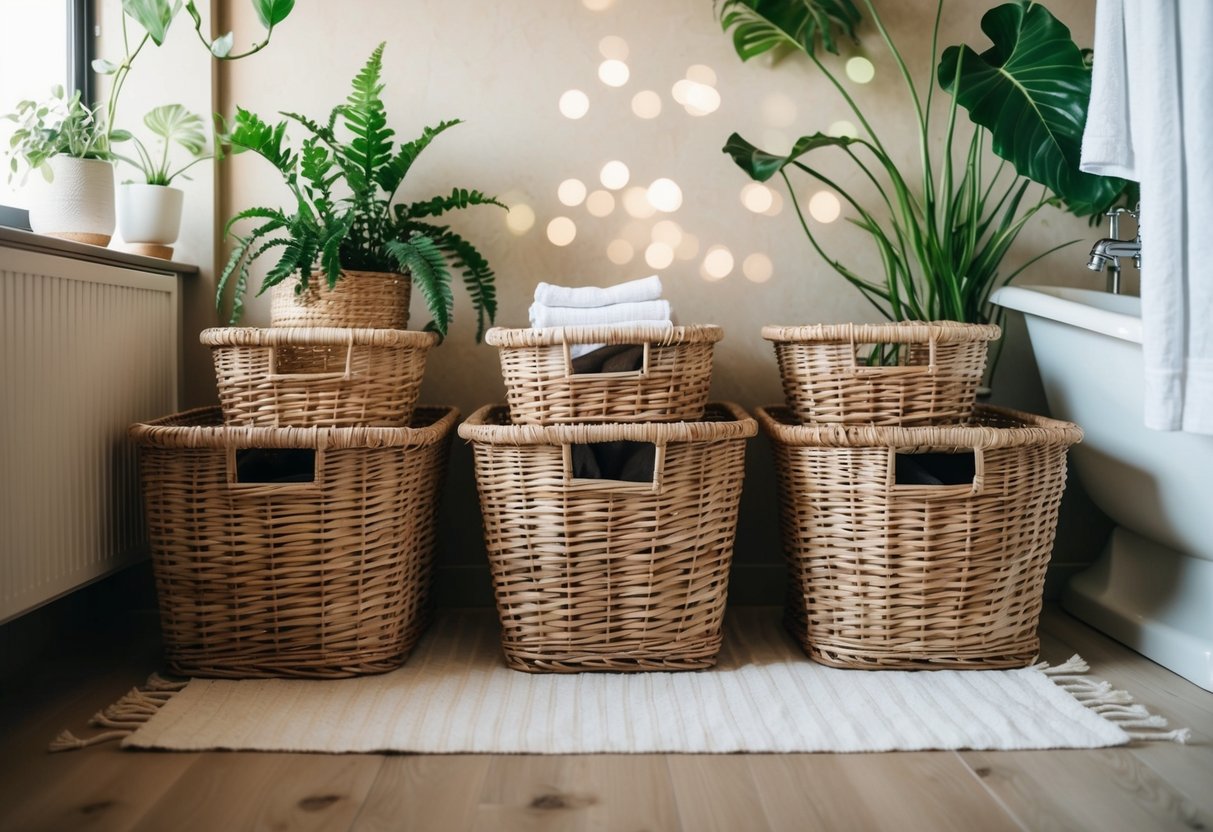 Wicker laundry baskets arranged in a boho bathroom with plants and natural light