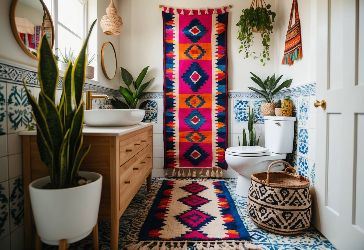 A bohemian bathroom with a vibrant kilim runner, patterned tiles, plants, and eclectic decor