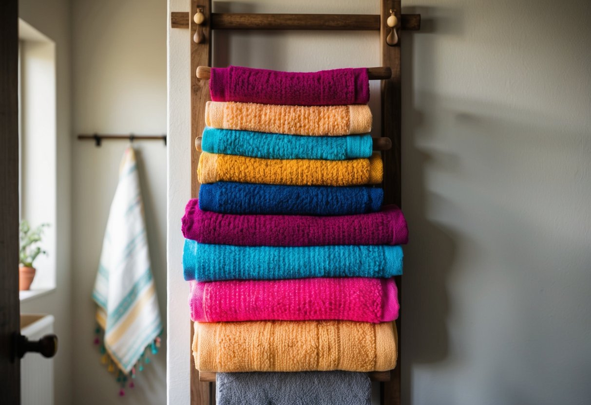 A stack of colorful handwoven towels hanging on a rustic wooden towel rack in a boho-themed bathroom