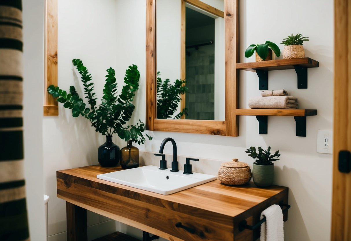 A boho bathroom with natural wood accents: a wooden vanity, shelves, and mirror frame, complemented by green plants and earthy tones