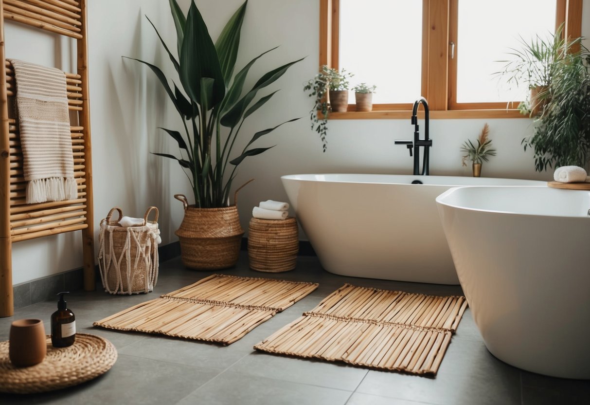 A bohemian bathroom with bamboo bath mats, plants, and natural textures