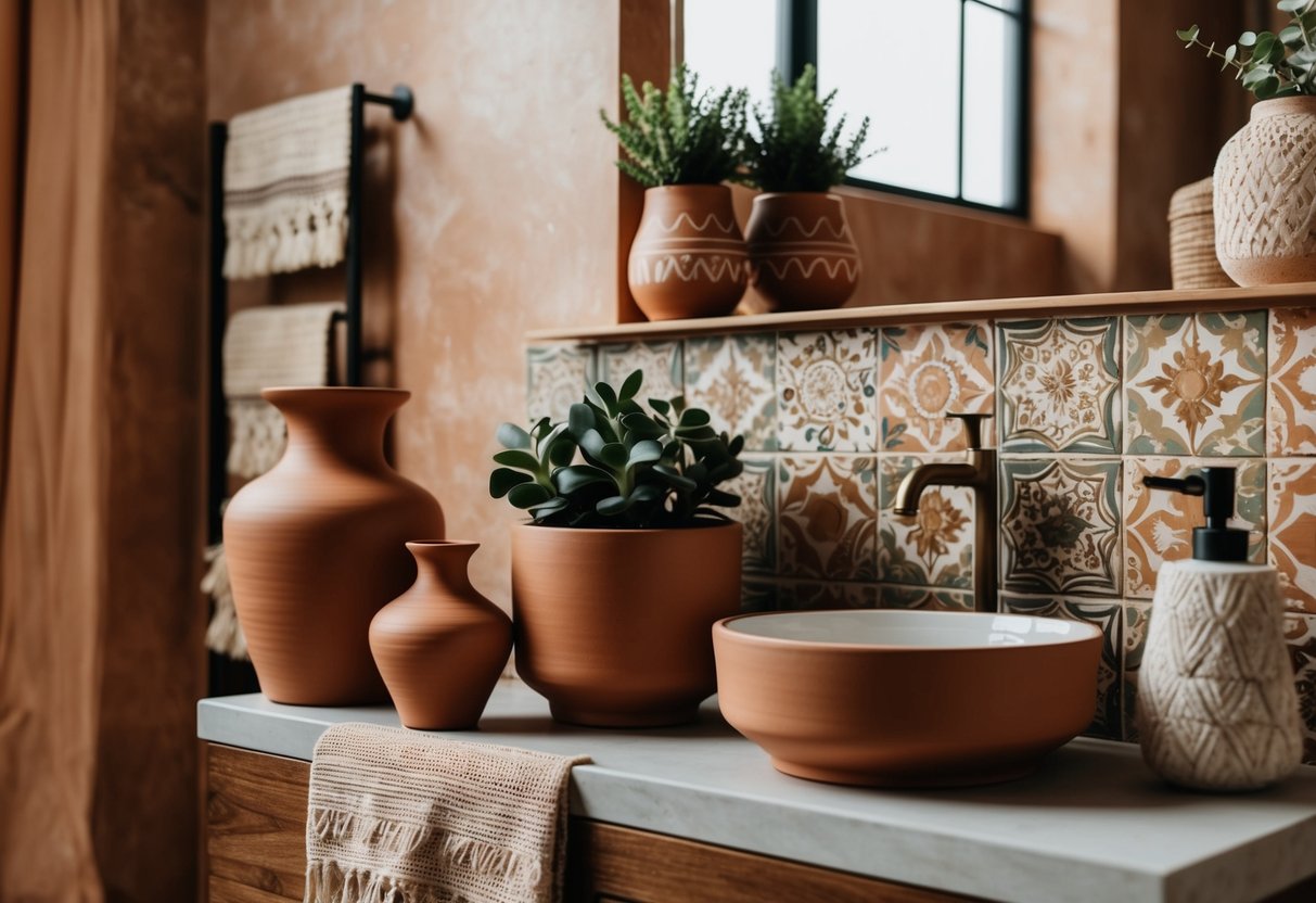 A boho bathroom with terracotta pottery accents, including planters, vases, and decorative tiles. Earthy tones and natural textures create a warm and inviting atmosphere