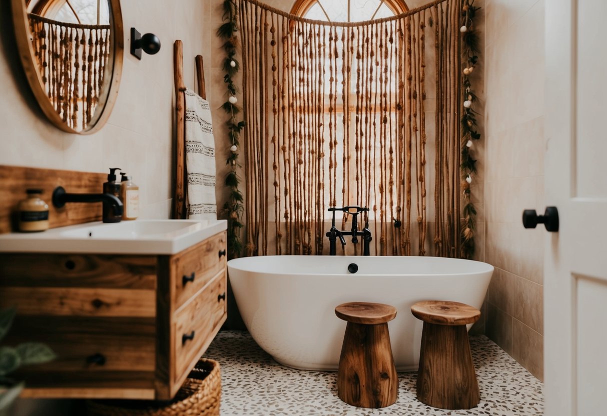 A boho bathroom with rustic wooden stools and earthy decor