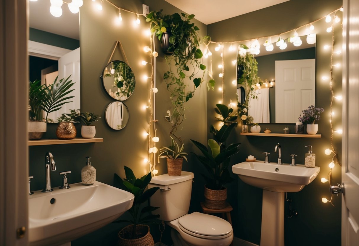 A boho bathroom adorned with fairy lights draped around plants, mirrors, and shelves, creating a warm and whimsical ambiance